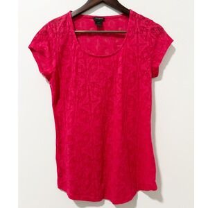 Ann Taylor Outlet Burnout Top Womens Medium Pink Damask Scoop Neck Short Sleeve